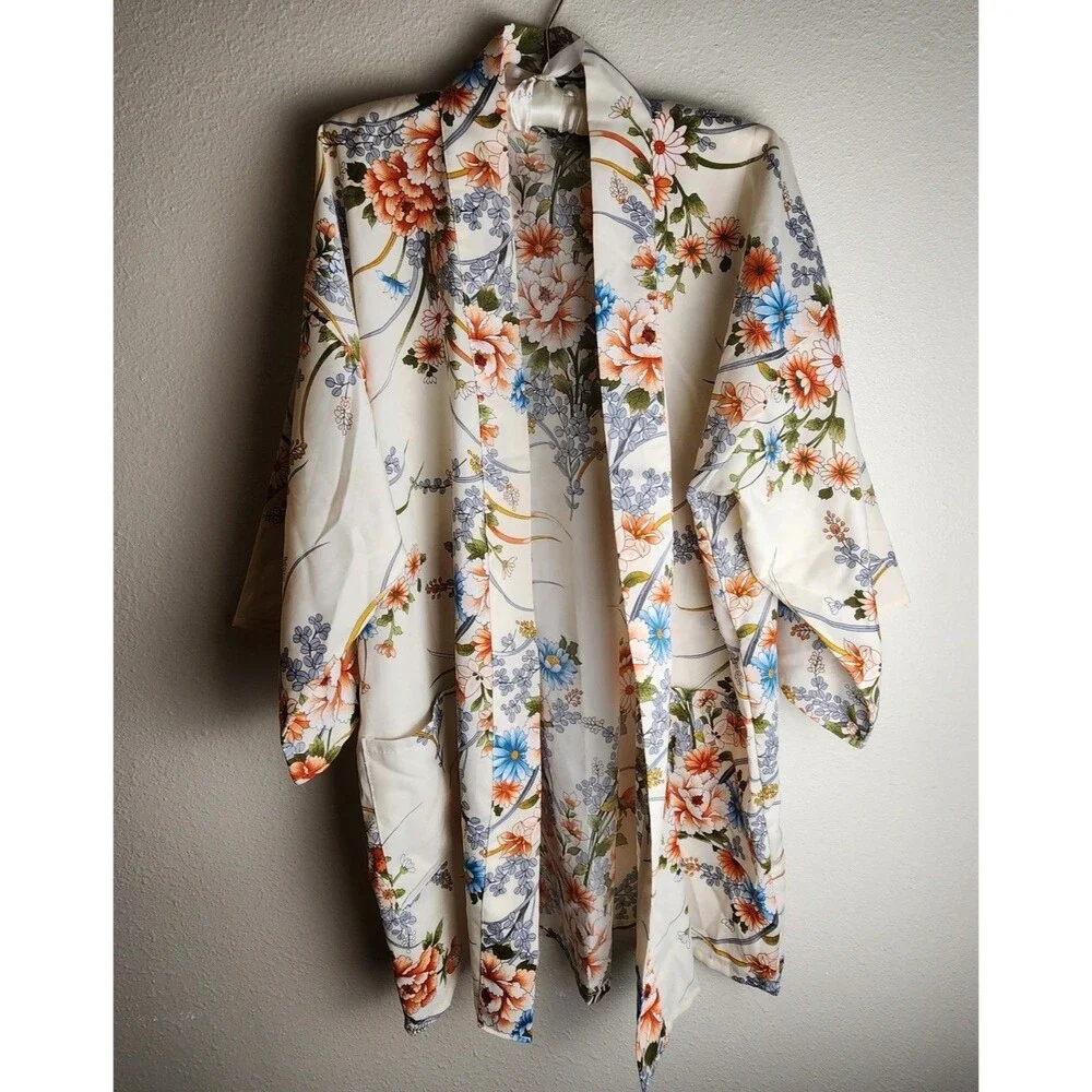 Vintage Floral Robe Duster Kimono Style Longline Open Front Tie Waist 3/4 Sleeve